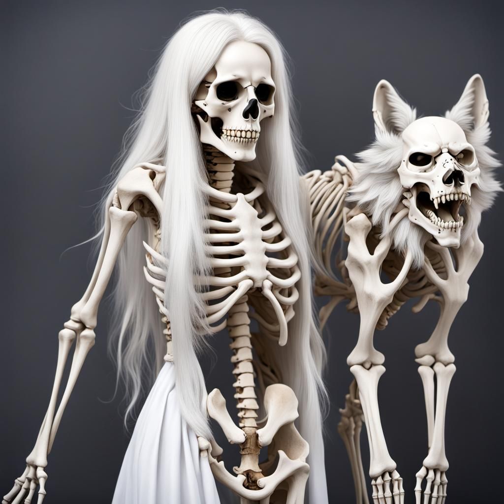 Skeletal Woman and Wolf in White