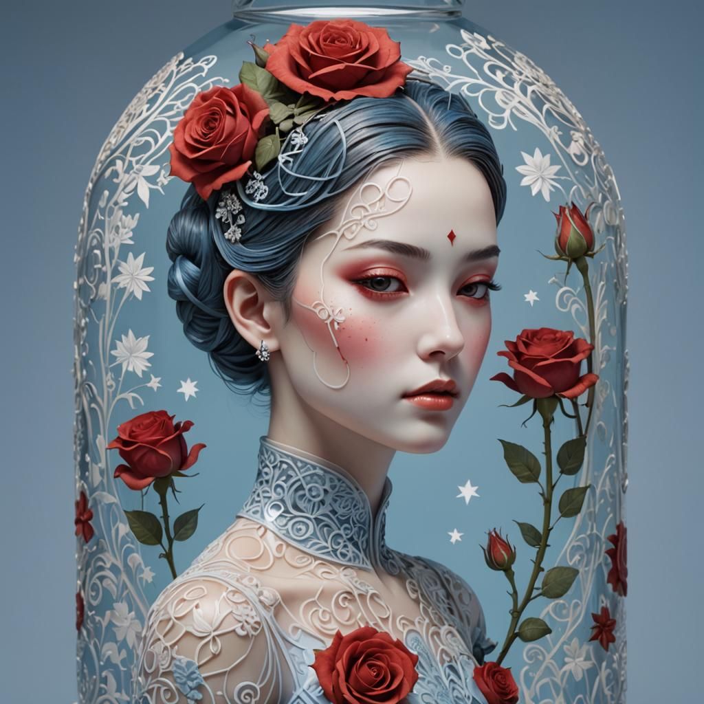 Translucent Woman with Rose in Glass Cylinder