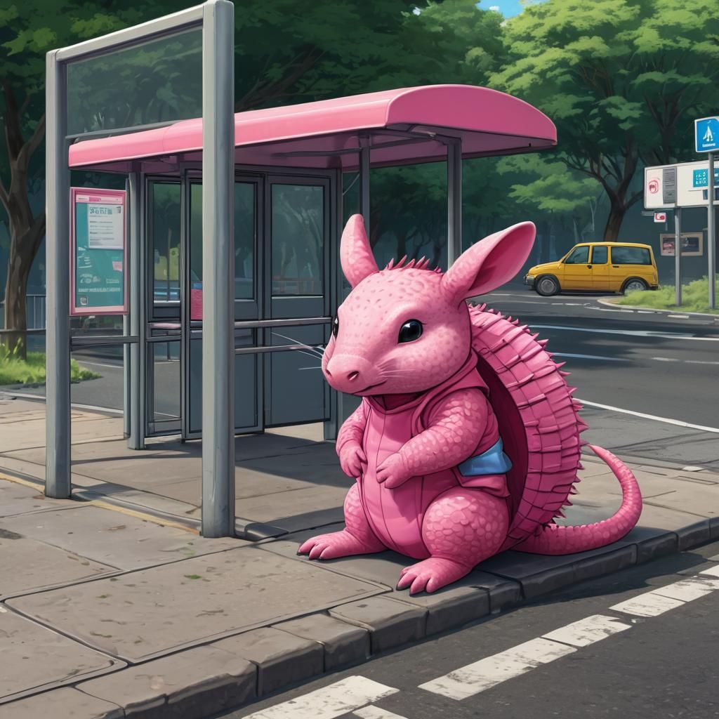 Pink Armadillo Waits: Anime Style Digital Art