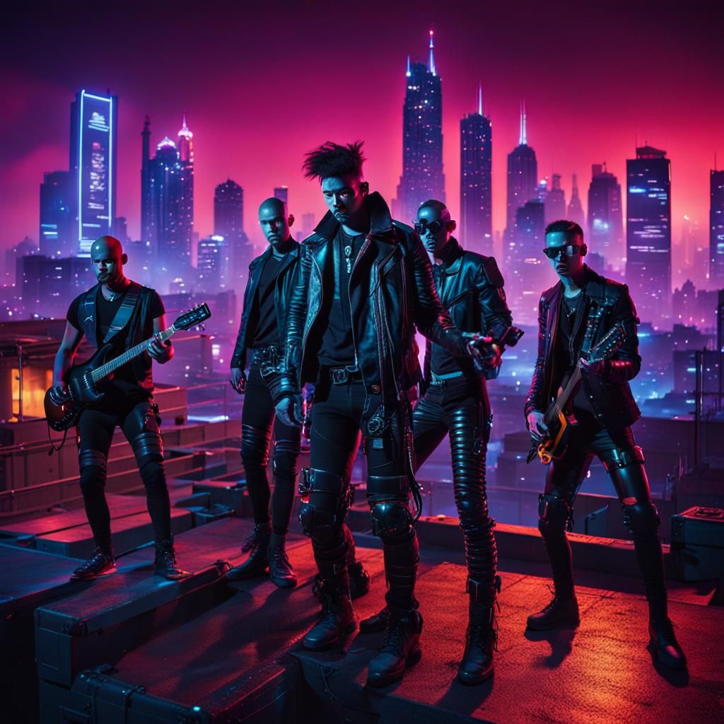 Cyberpunk Band Rocks Rooftop in Neon Cityscape