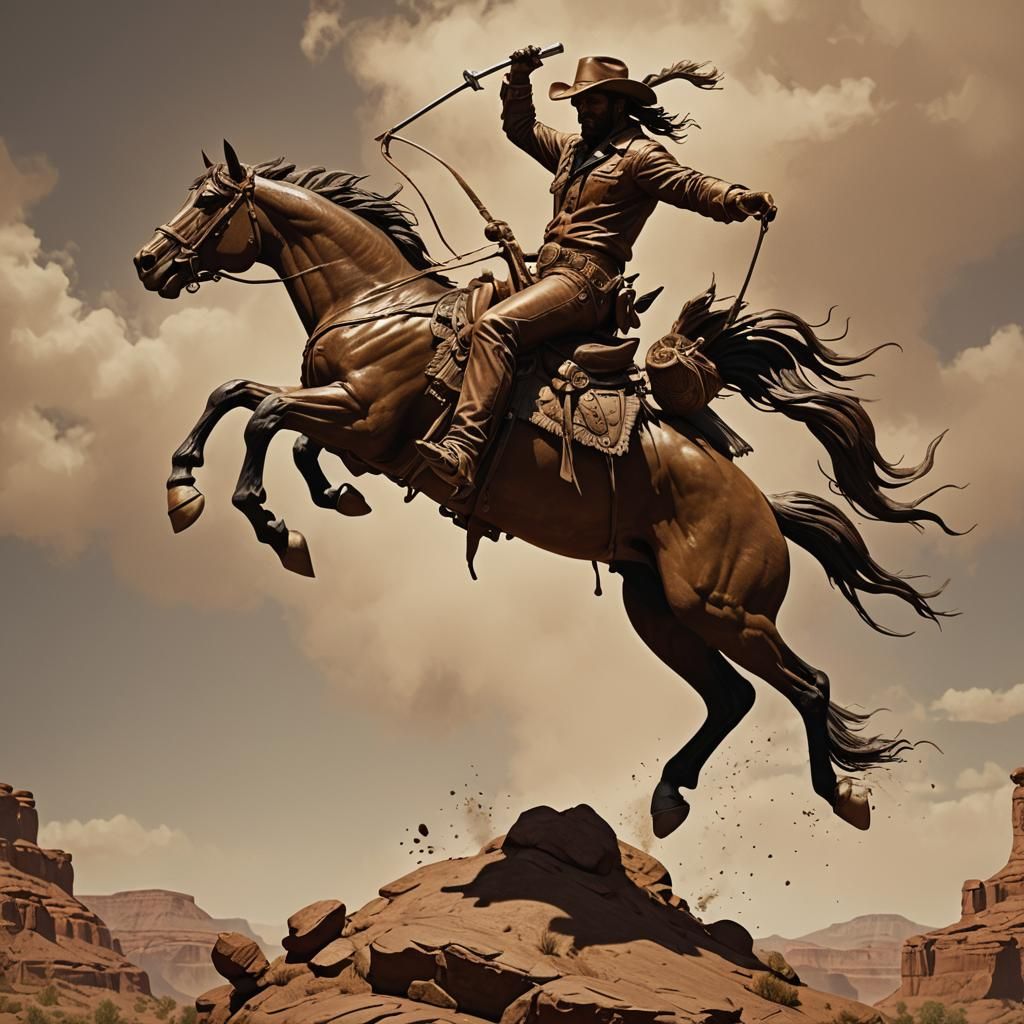 Cowboy and Bronco Bronze Statue, Matte Painting