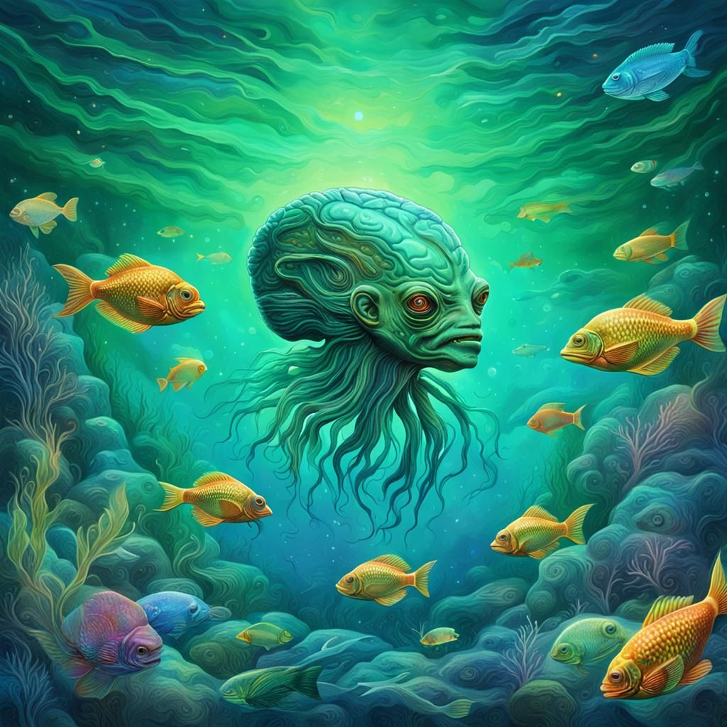 Brain Alien in Blue-Green Water, Astral Illustration