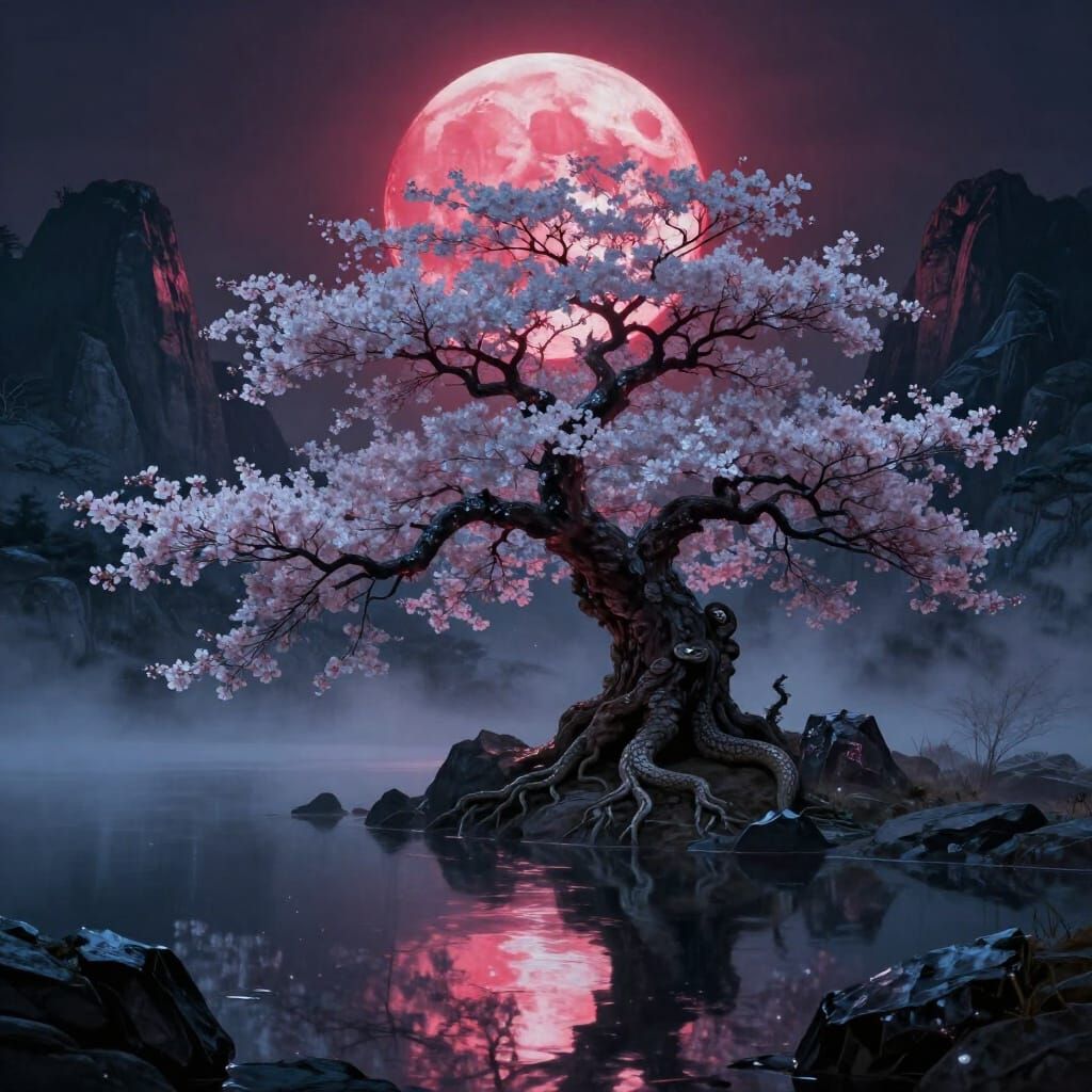 Crimson Moon Over Spectral Sakura Tree Landscape