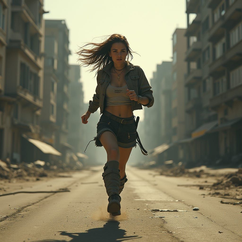 Woman Running in Abandoned City, Retro-Futuristic Style