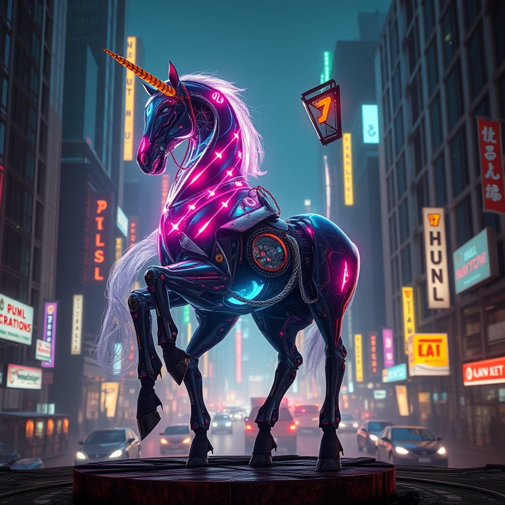 Cybernetic Centaur in Dystopian City, in Cyberpunk Style