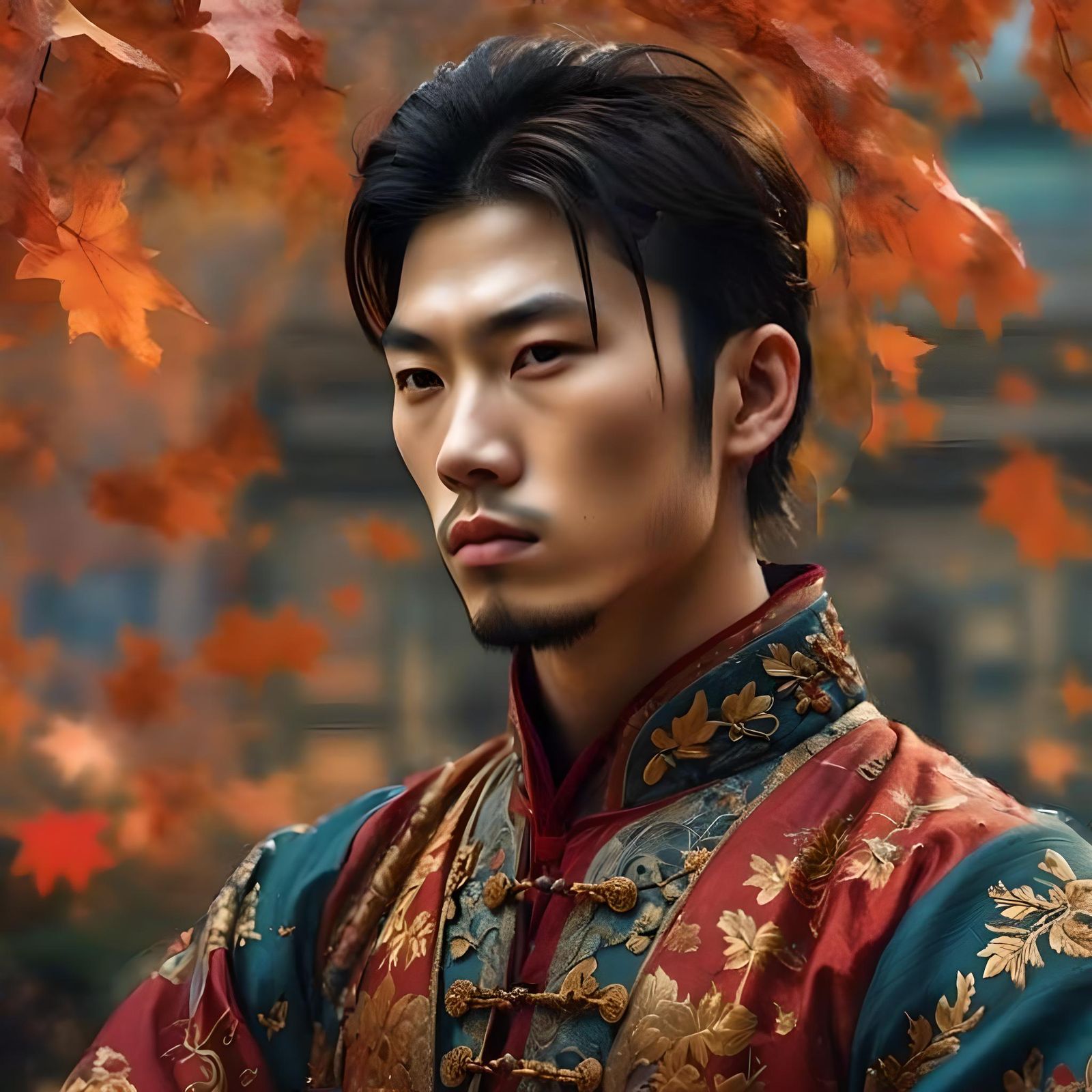 Asian Prince Meditating in Autumn Garden