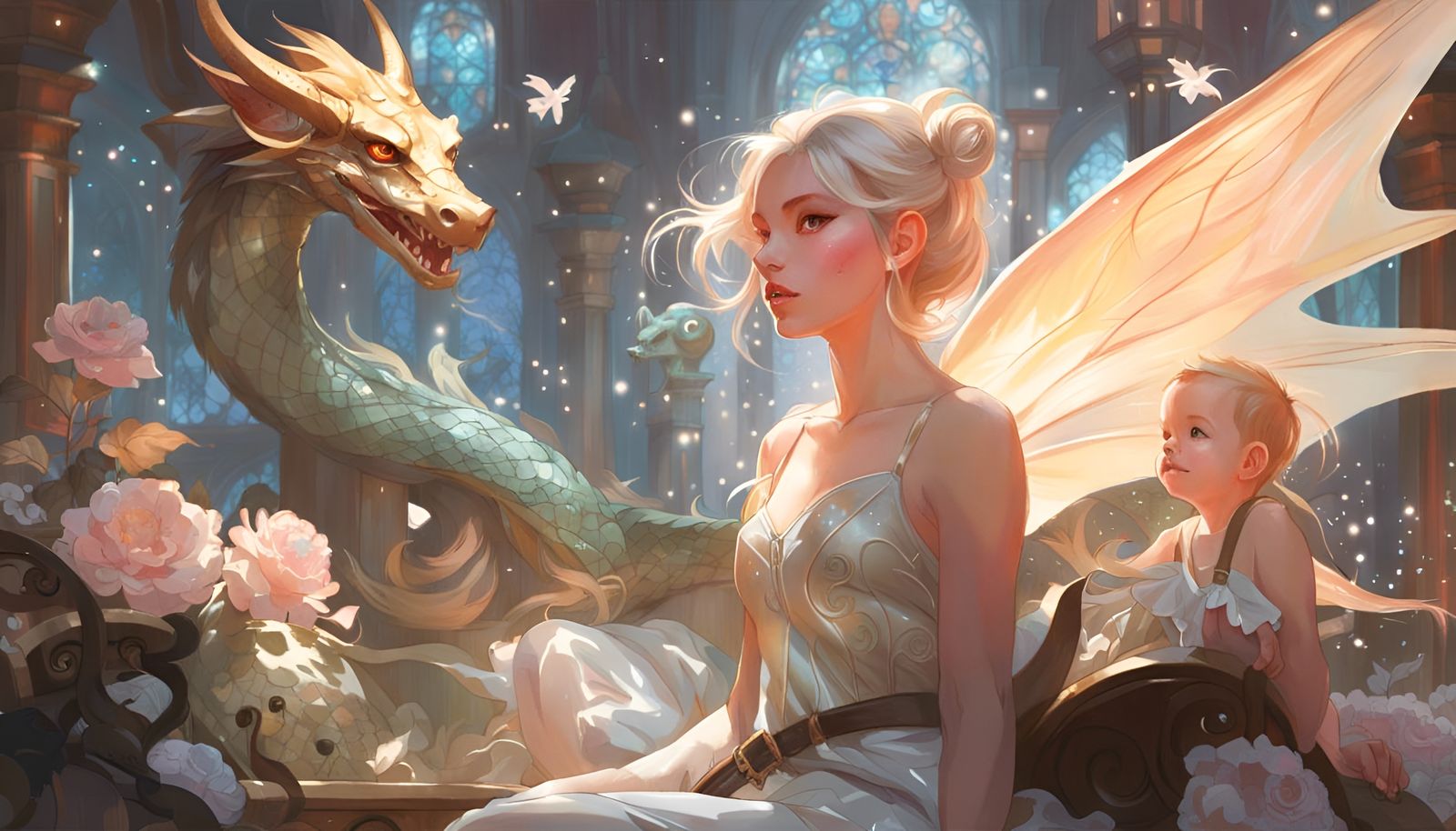 Fantasy Kingdom with Fairies and Dragons in Digital Art Styl...