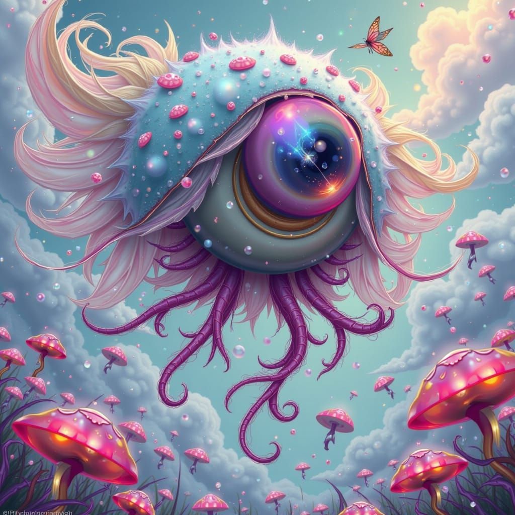 Whimsical Eyeball Monster with Tentacles, Fantastical Painti...