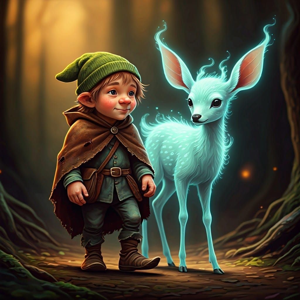 Gnome and Magical Deer in Dreamlike Forest