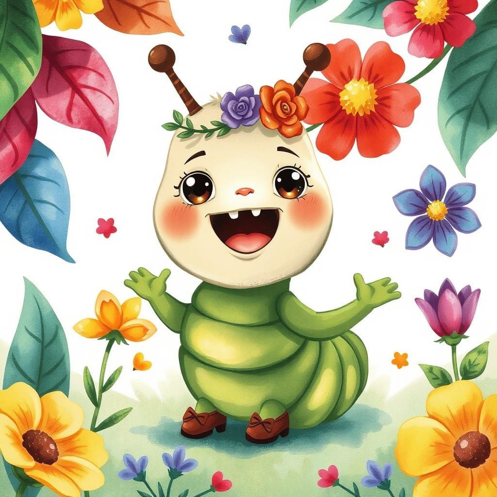 Whimsical Caterpillar in a Colorful Garden Illustration