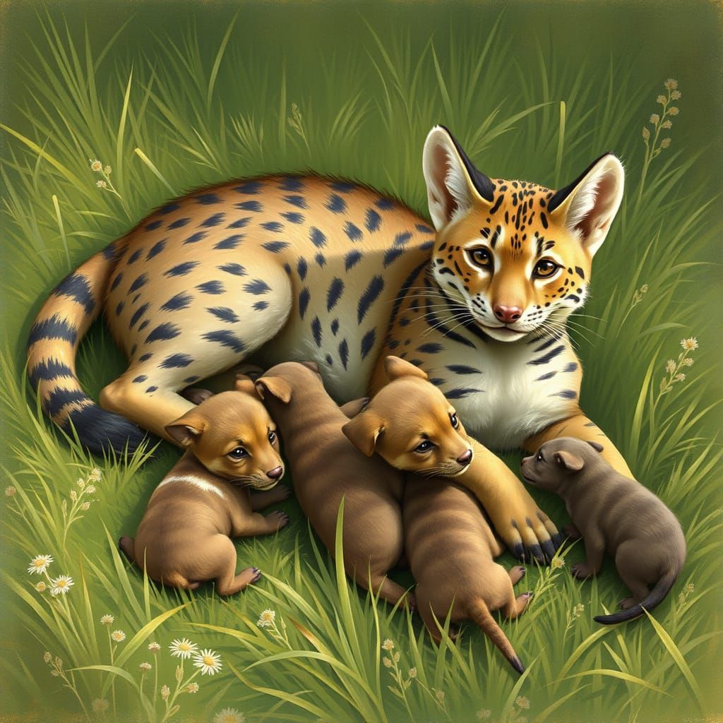Thylacine Family in Lush Grass, Whimsical Art Style