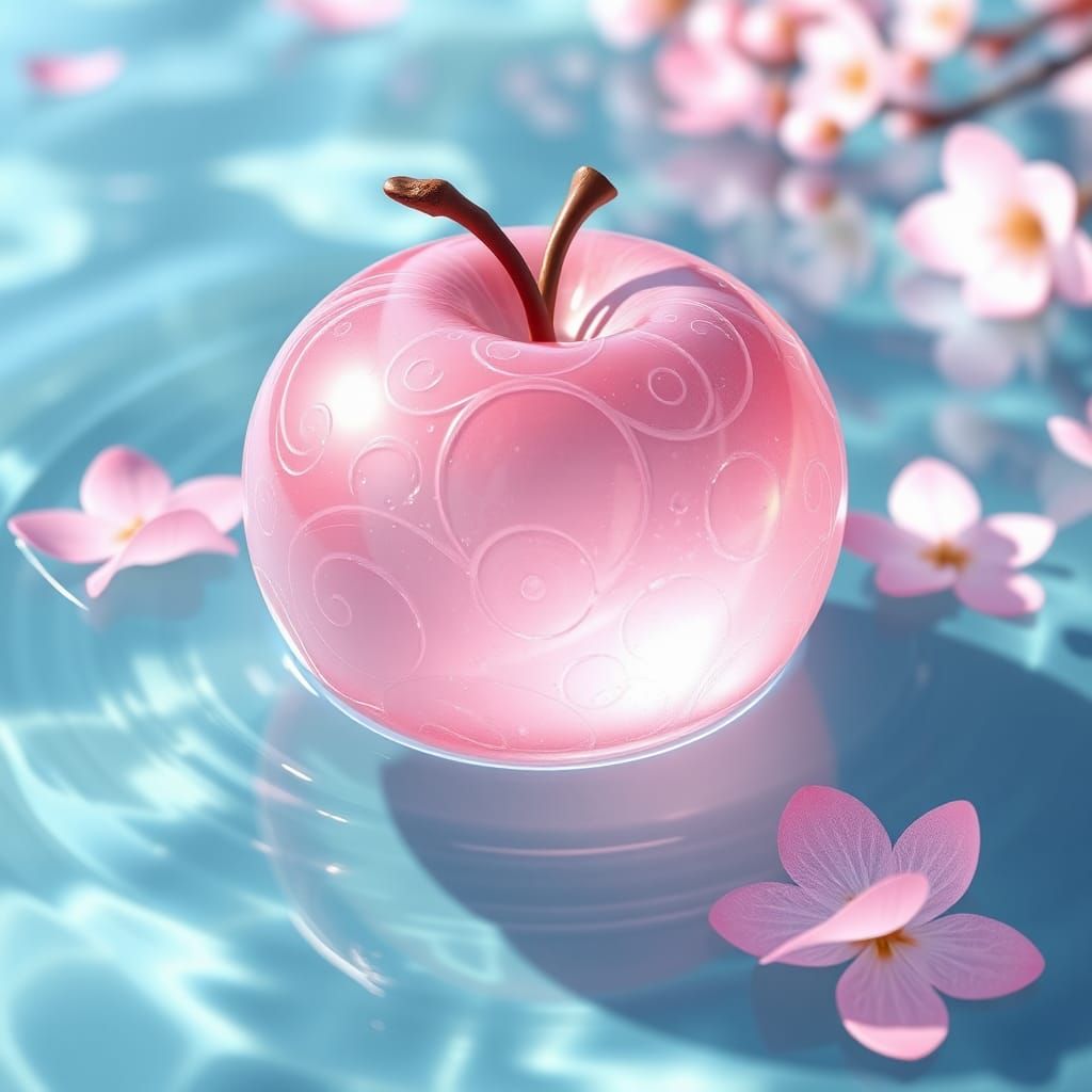 Crystal Pink Apple Floats on Lake: 3D Anime Art