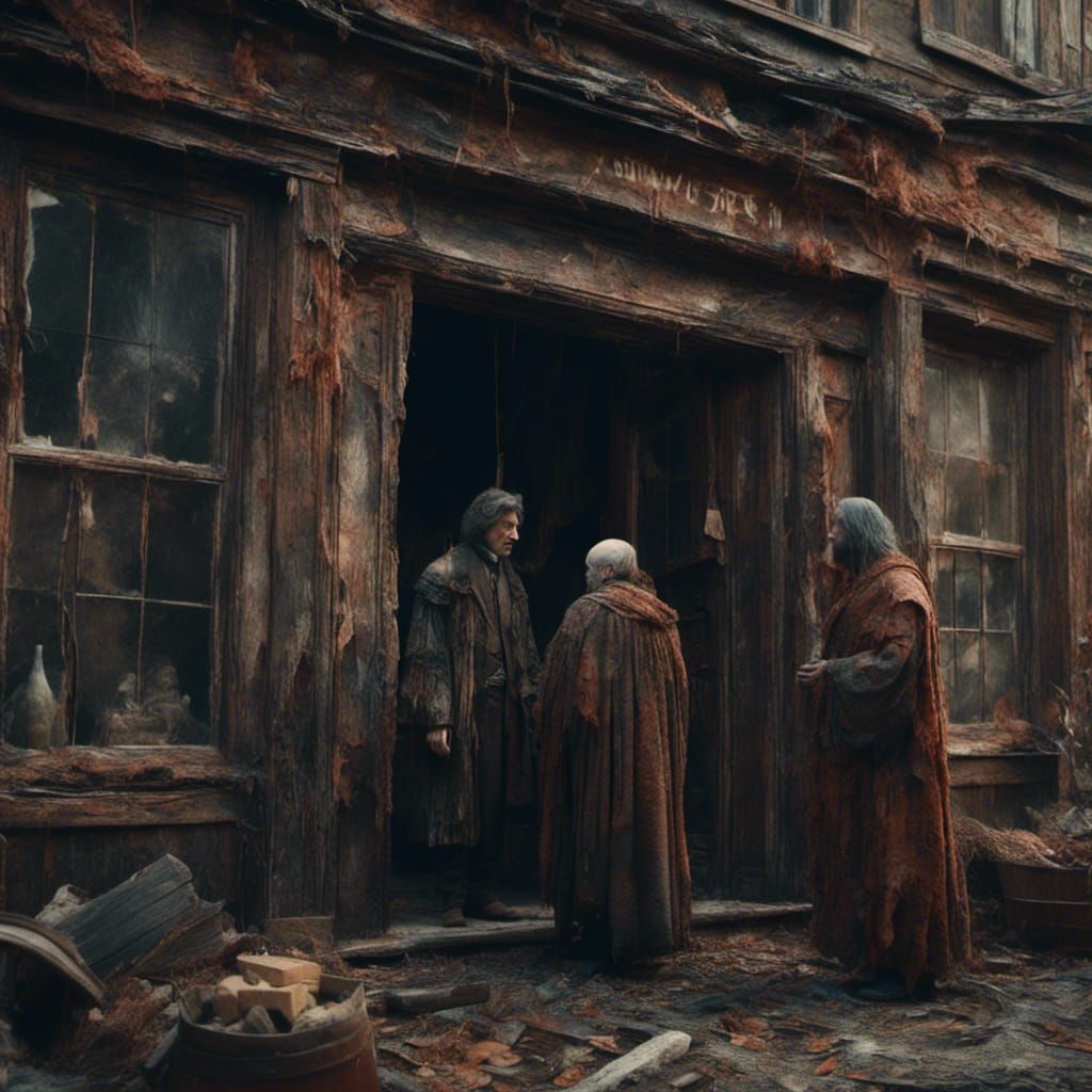 Robed Figures Chatting Before a House