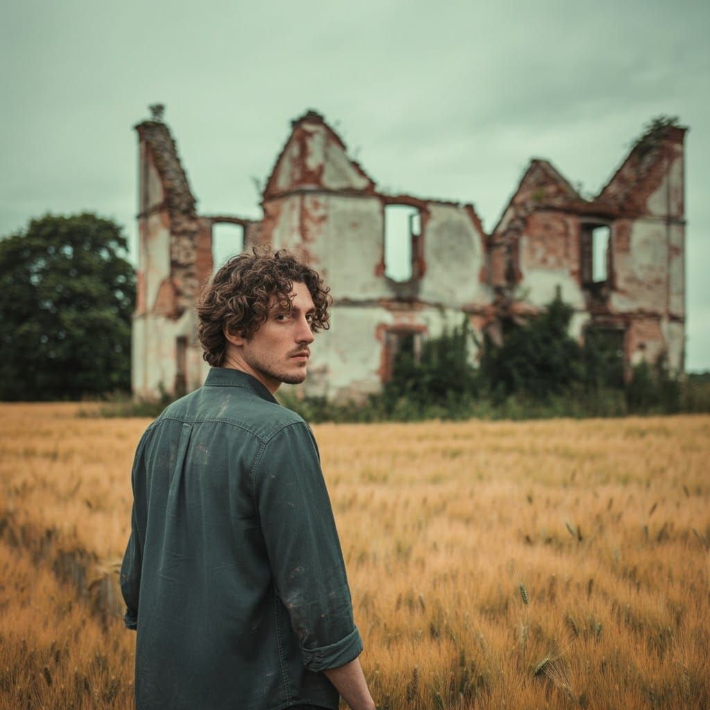 Man in Wheat Field with Ruined House, Polaroid Style