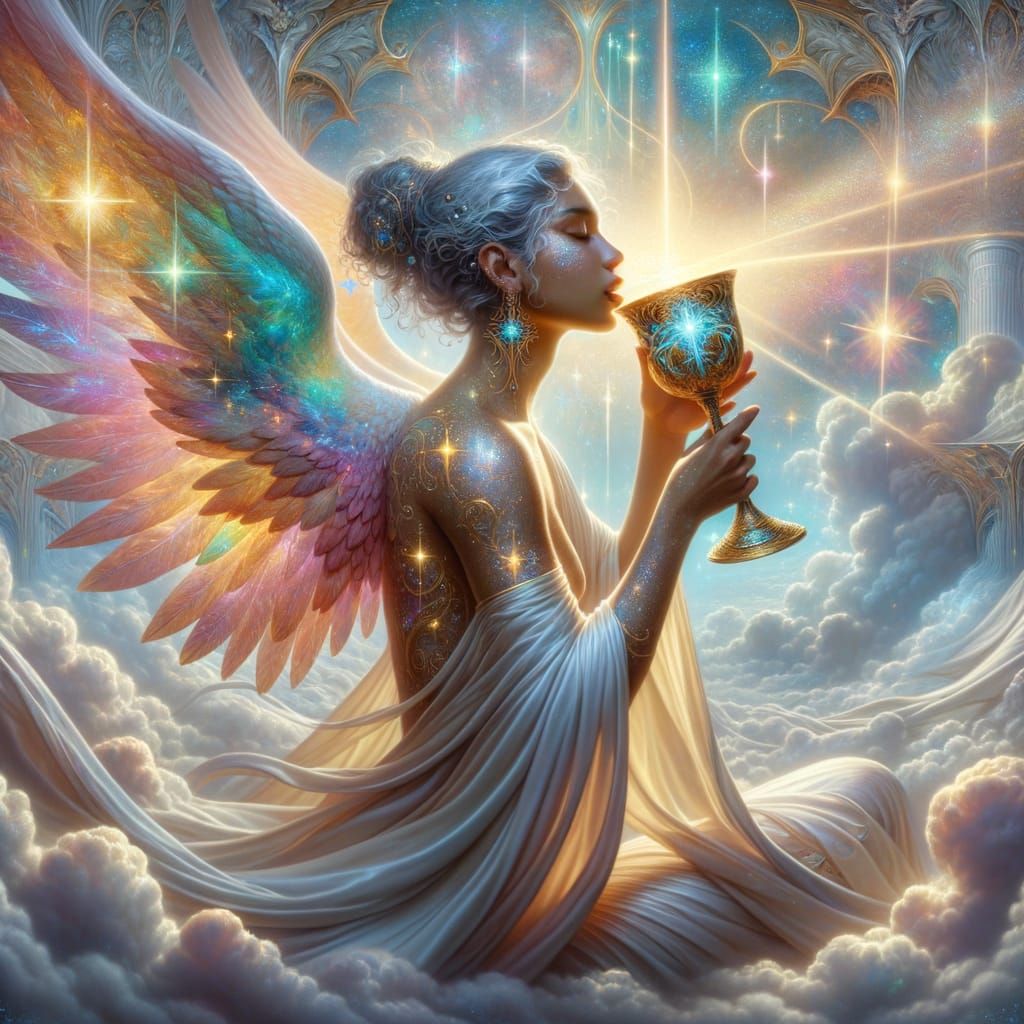 Celestial Being Sipping Ambrosia in Hyperrealistic Style