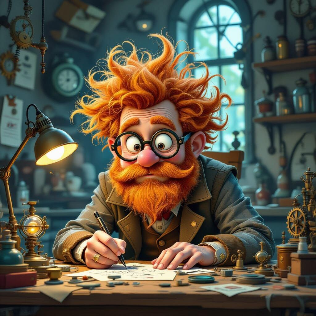 Whimsical Inventor With Wild Hair At Cluttered Workbench