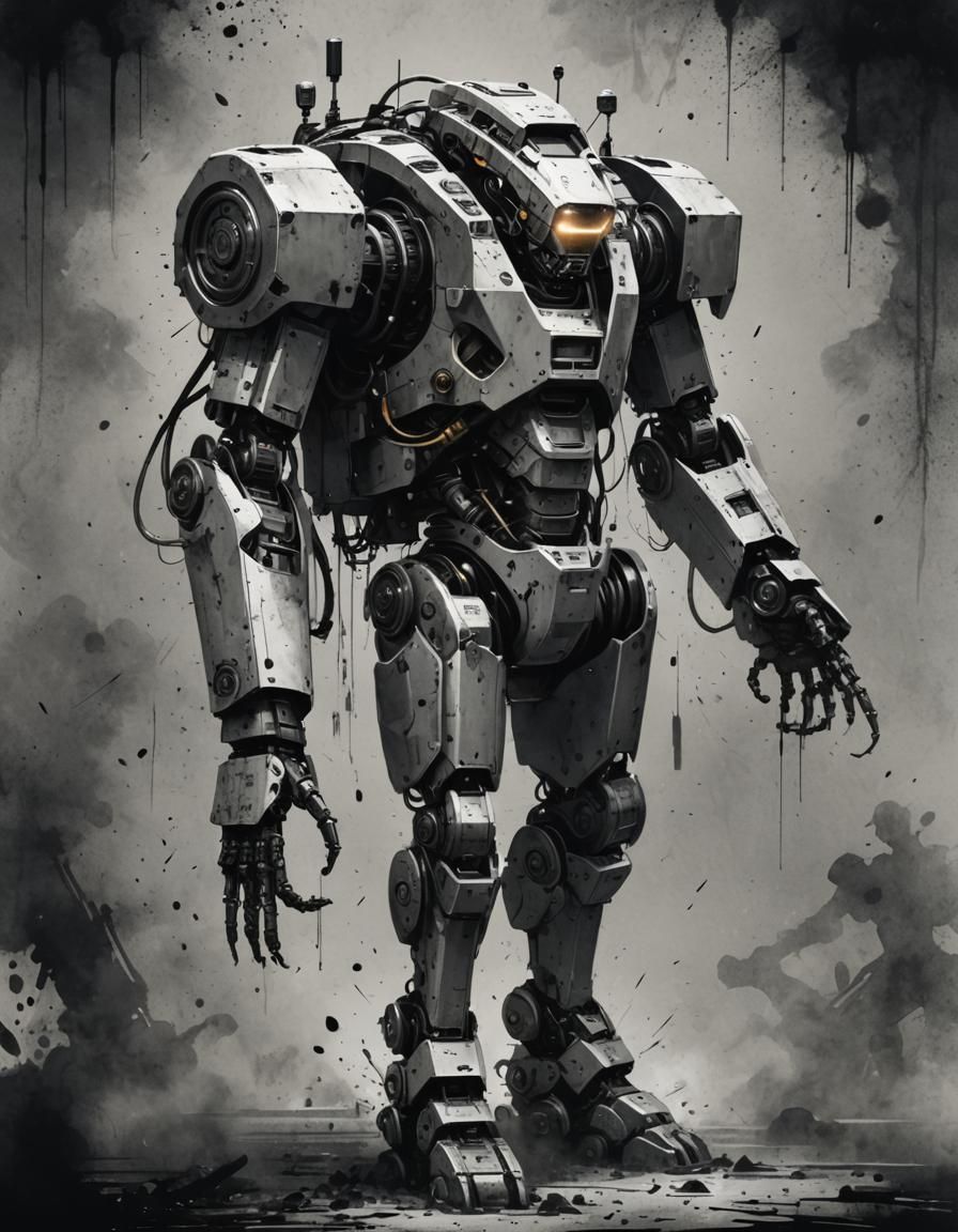 Monochrome Robot Bodyguard in Ink Painting Style