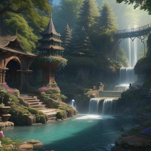 A water park in an elven forest, (fountains:1.3), water slides, majestic, magic