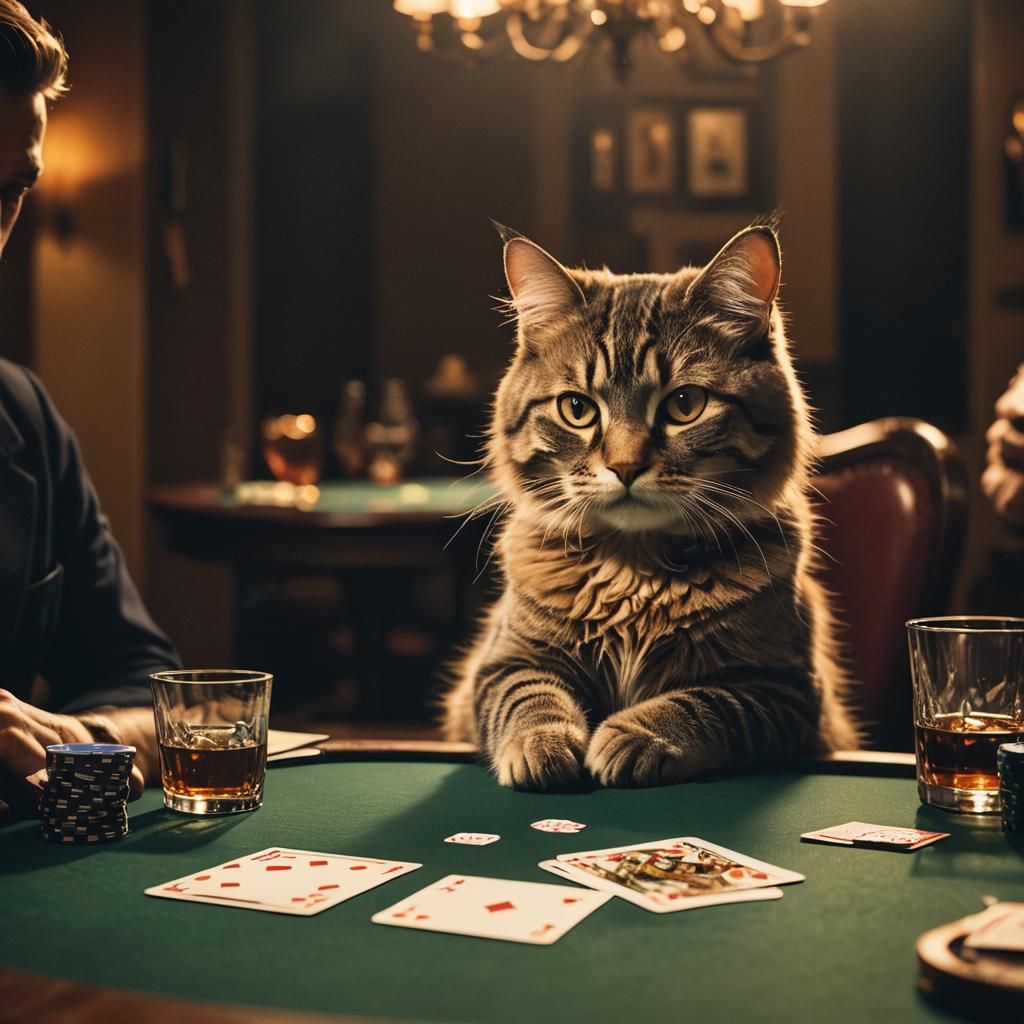 Cat Playing Poker in Cinematic Film Still