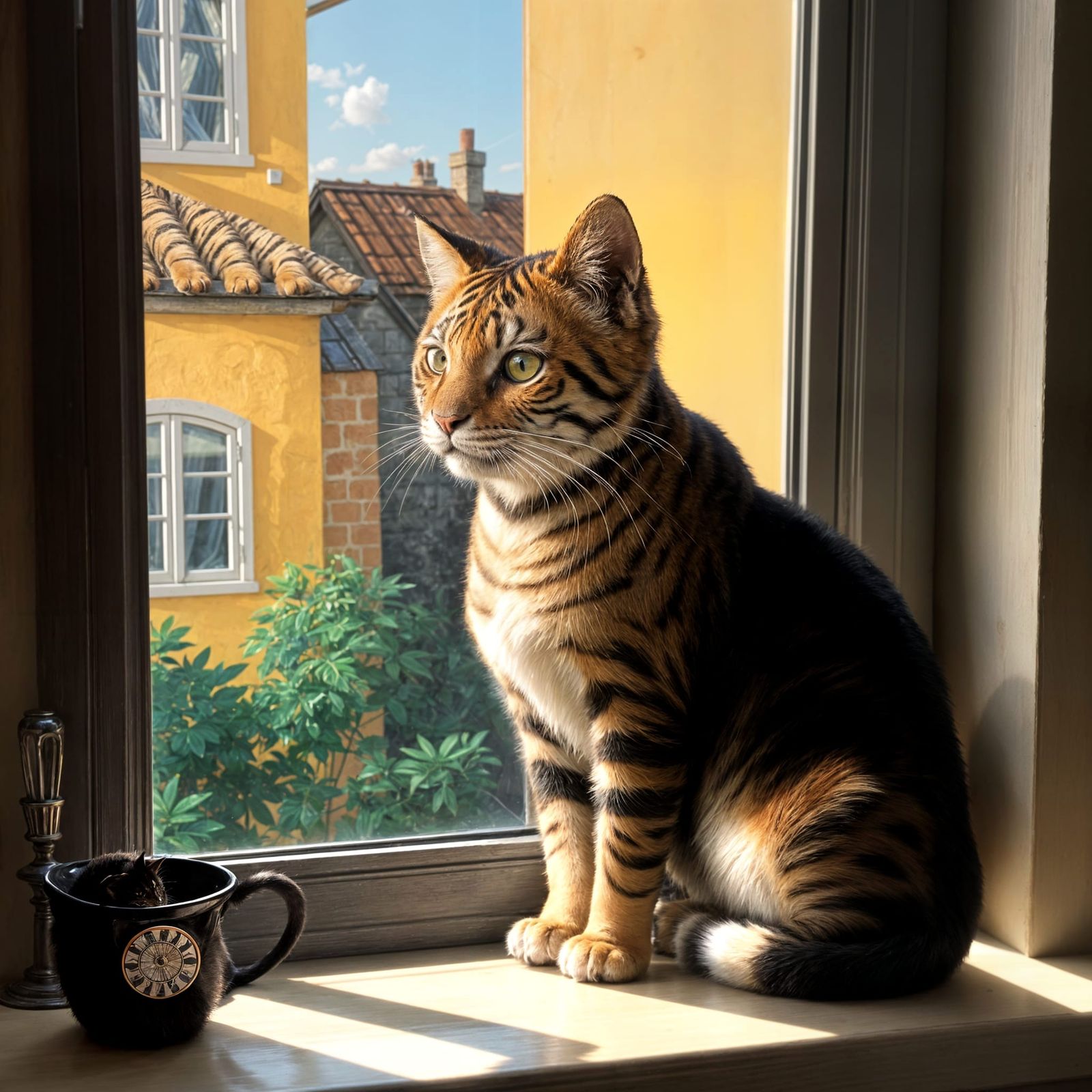 Surreal Black and Orange Tiger-Stripe Kitty in a Quaint Vill...