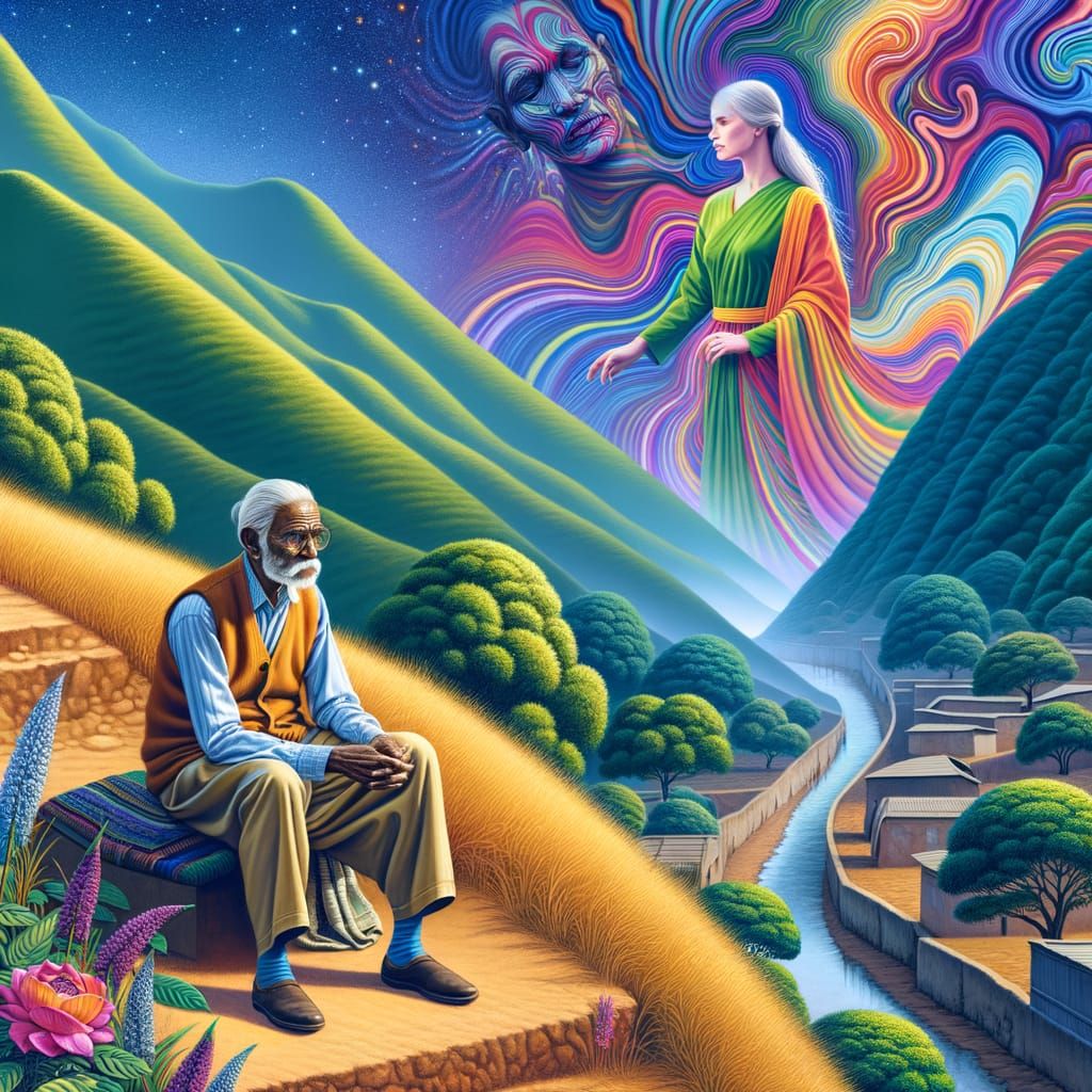 Hyperrealistic Hill Valley Scene with Elegant Lady