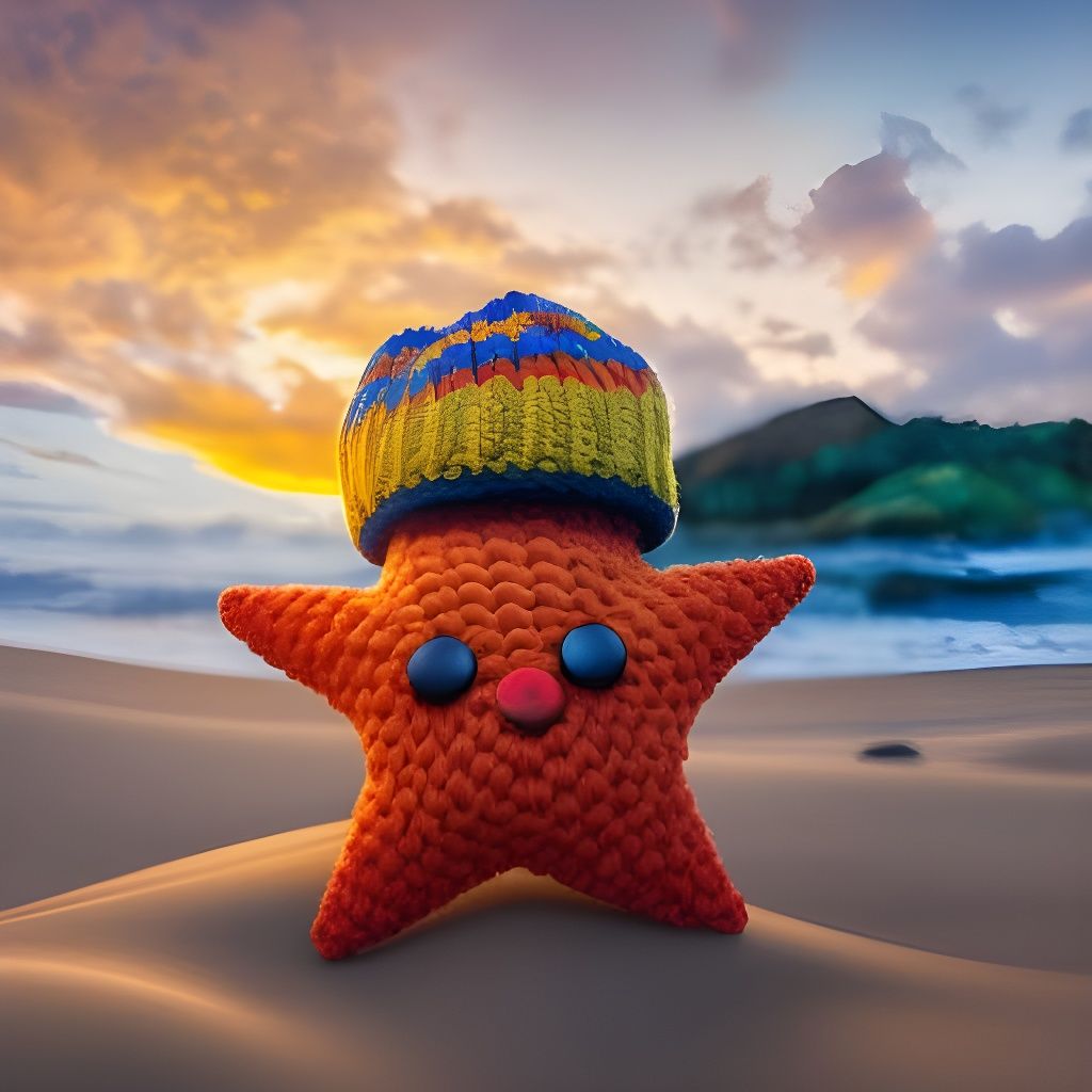 Knitted Starfish on Beach at Sunset: Graffiti Art
