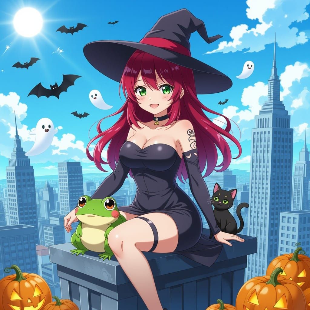 Anime Girl on Frog with Kitten and Halloween Scene