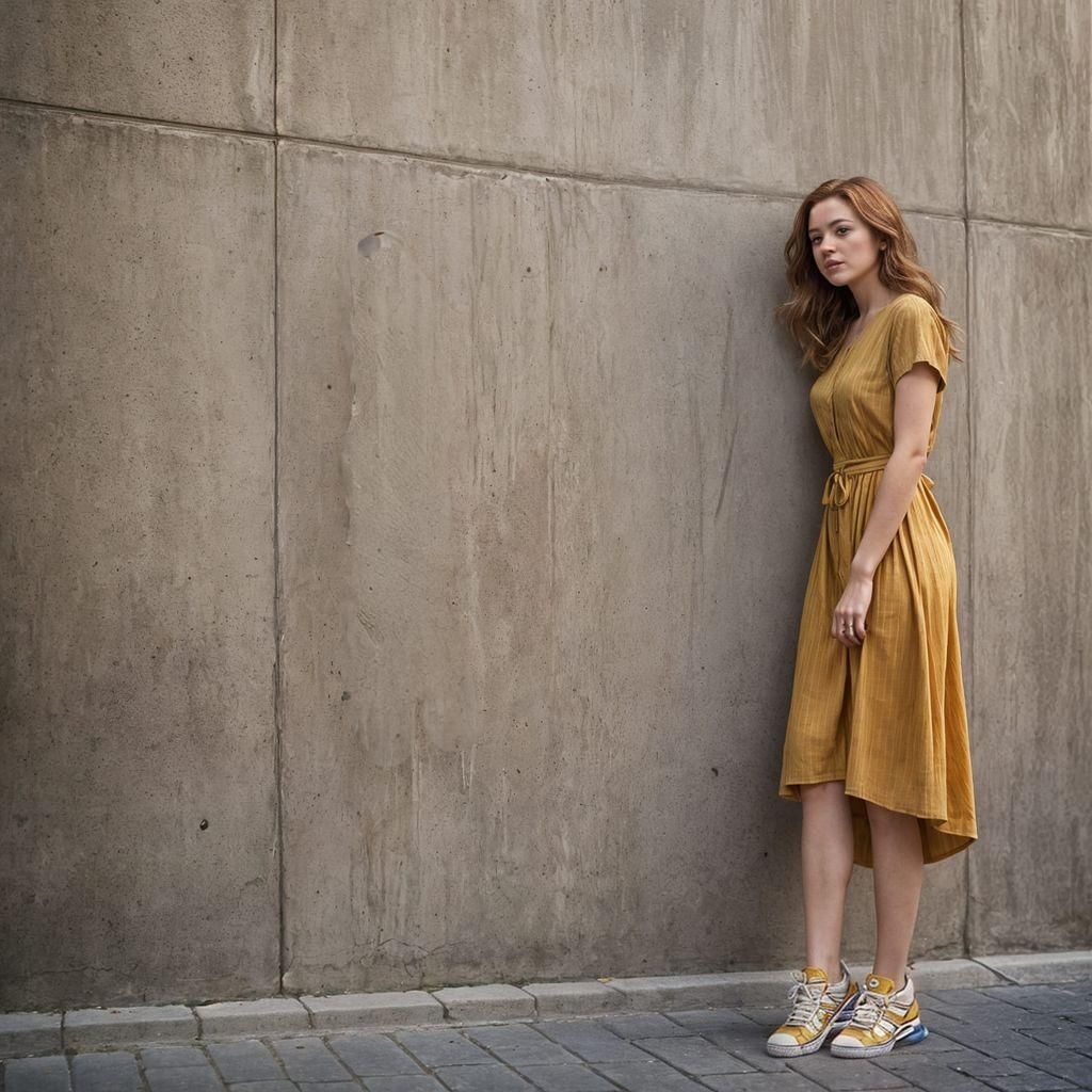 Young Woman in Yellow Dress in Cityscape Photo