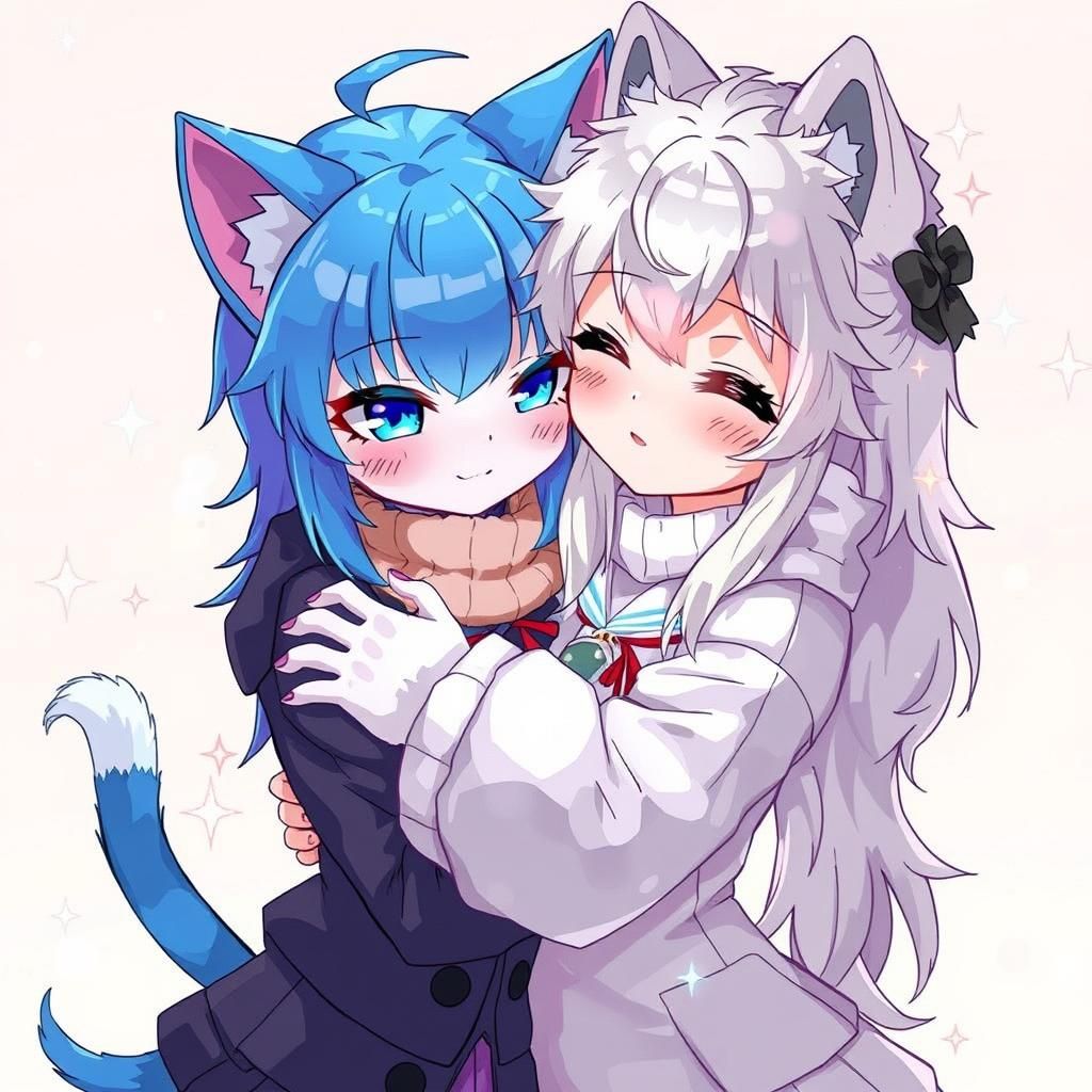 Anime Catgirl and Wolf Girl Embrace in Manga Style