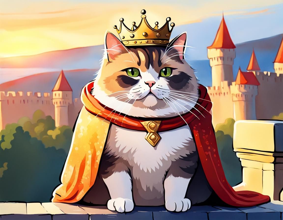 Chubby Cat King Overlooking His Kingdom in Watercolor