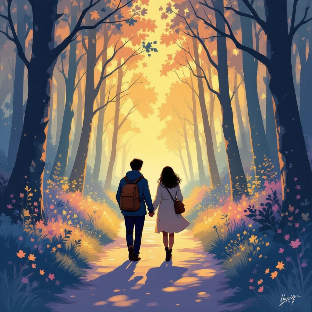 Whimsical Traveler & Nomi on Glowing Path in Pastel Forest