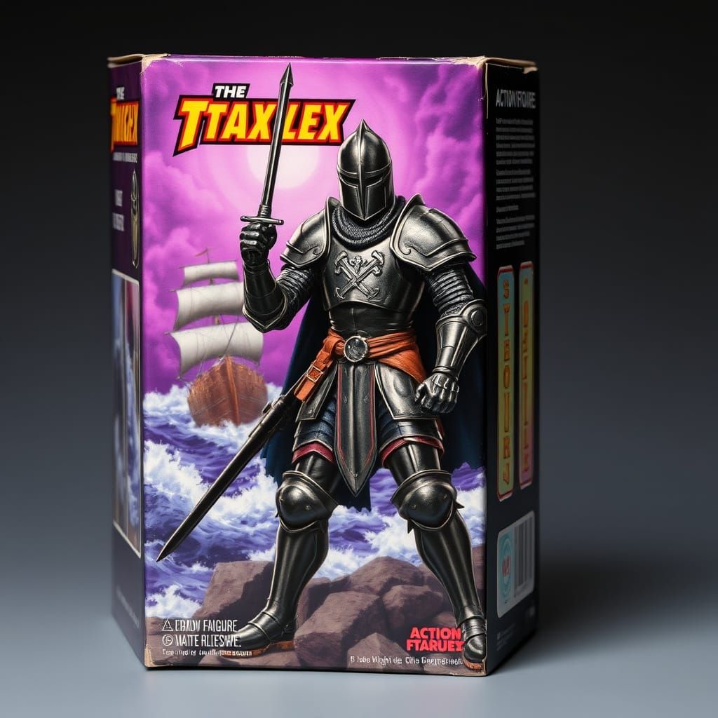 Vintage-Style Action Figure Box with Knight and Pirate Ship