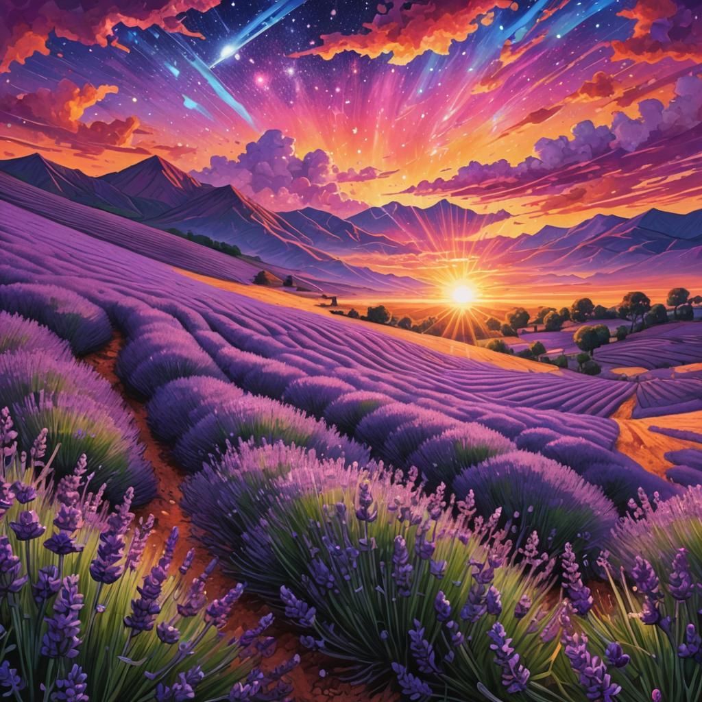 Lavender Fields at Sunset: Holographic Cosmic Illustration