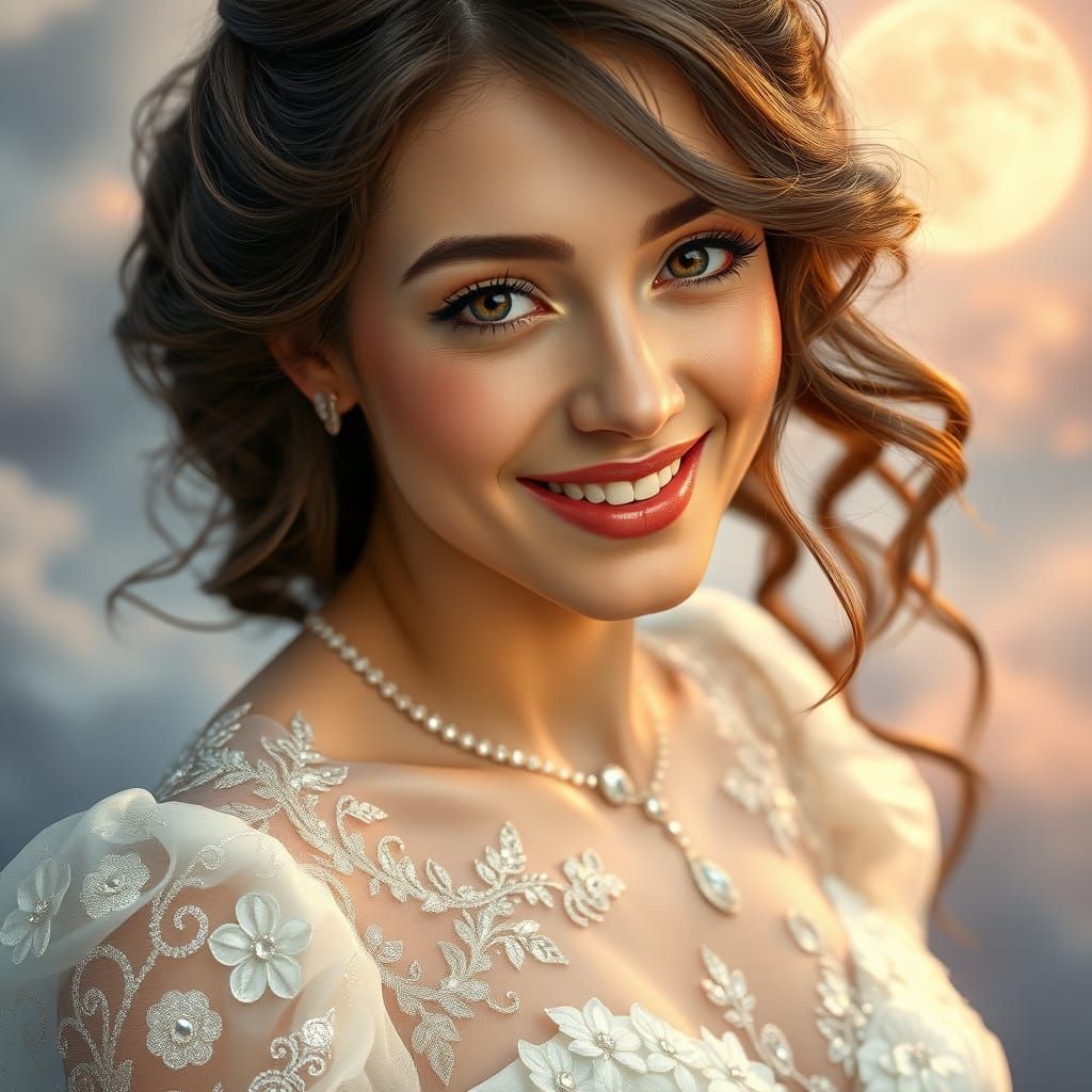 European Woman in Elegant Gown with Floral Embroidery