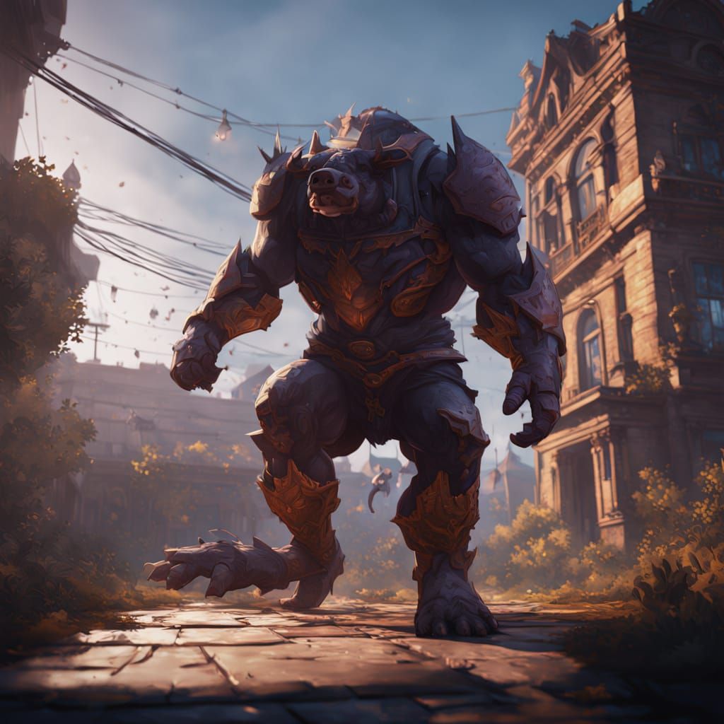 Mecha Pig Watches Cow Breakdancing in Dark Fantasy