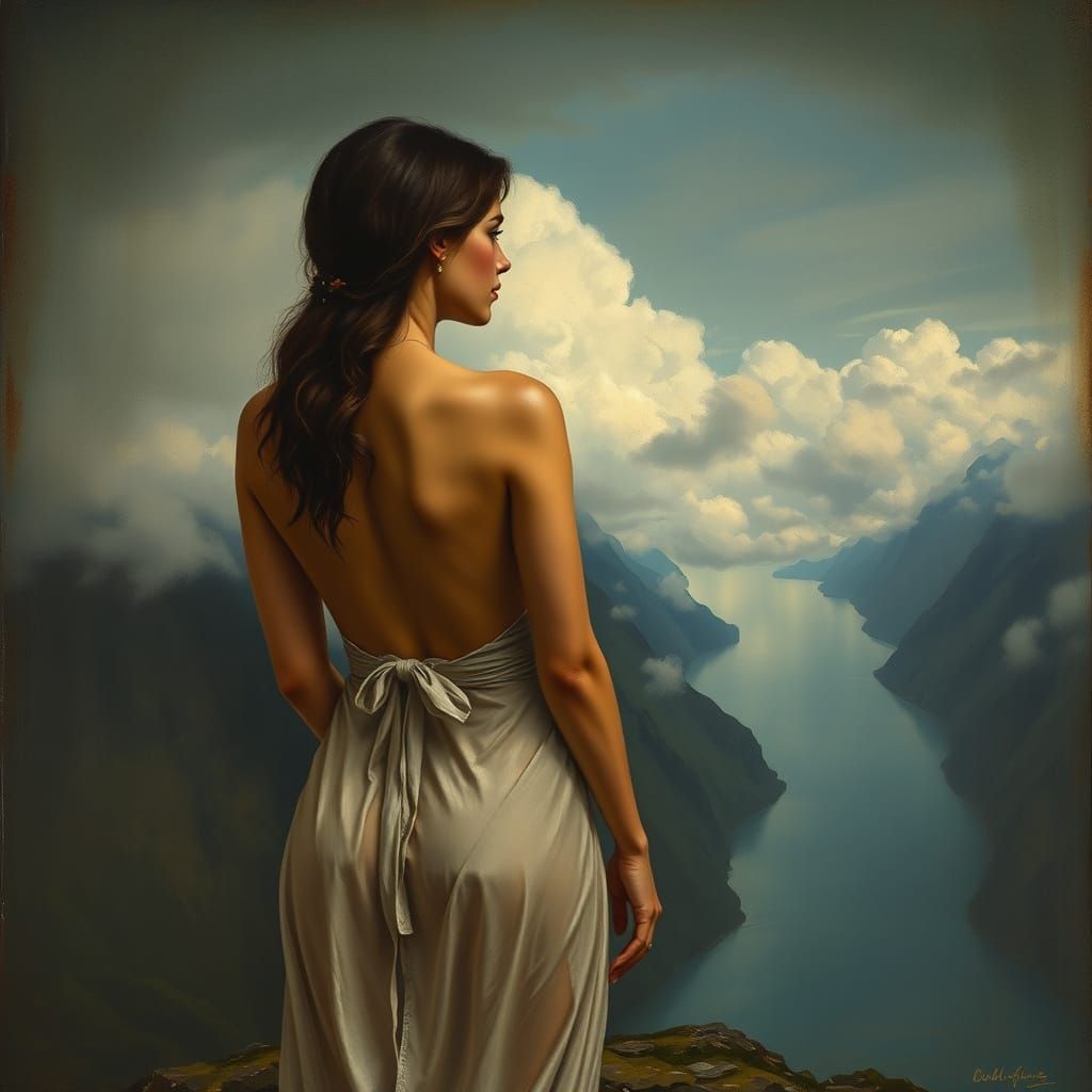 Mysterious Woman Contemplates a Fjord Landscape in 19th Cent...