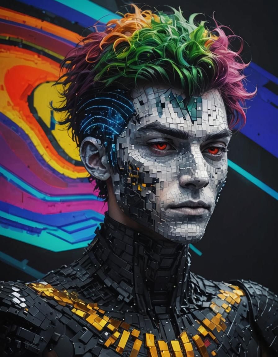 Pixelated Armor in Surreal Cyberpunk Landscape