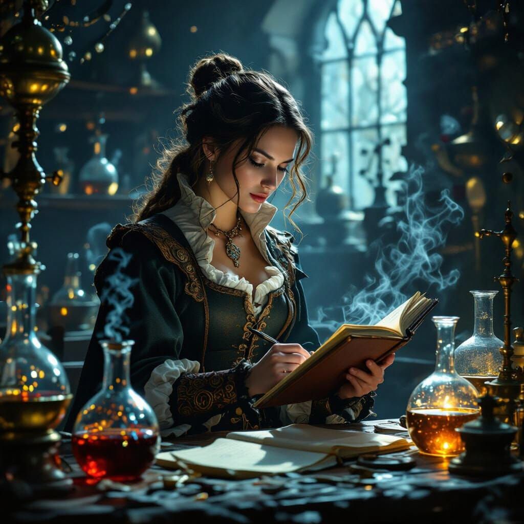 Renaissance Alchemist in Dimly Lit Lab