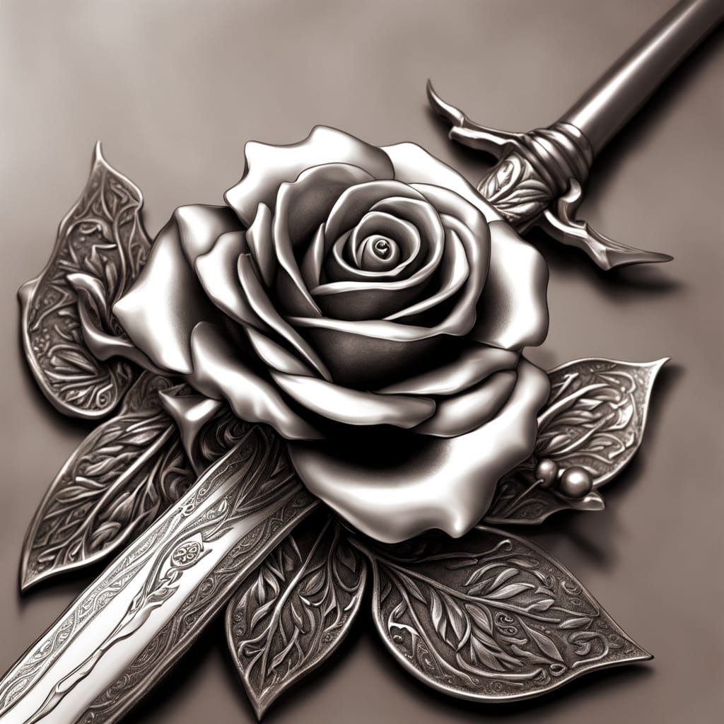 A brooch with a rose and a sword