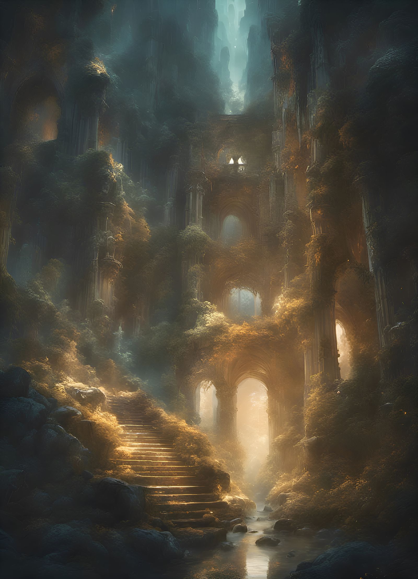 Glittering Cliffside Ruins at Midnight, Digital Art