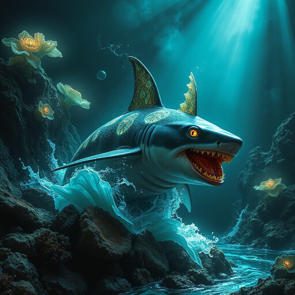 Mystical Shark Dryad Emerges from Coral Reef