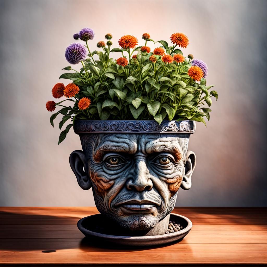 Hyperrealistic Head Sculpture in Flower Pot