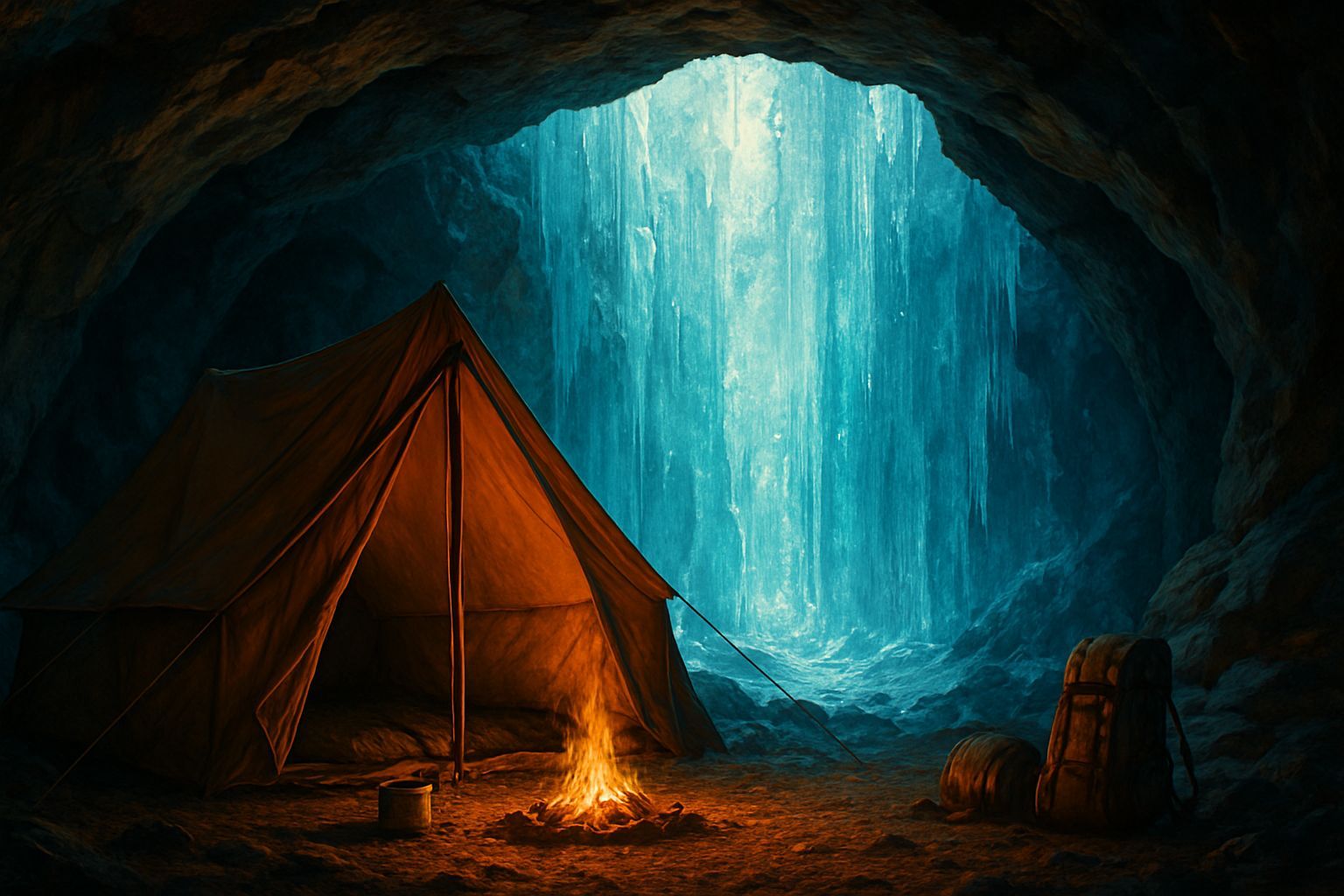 Cozy Cavern Campsite Under Frozen Waterfall