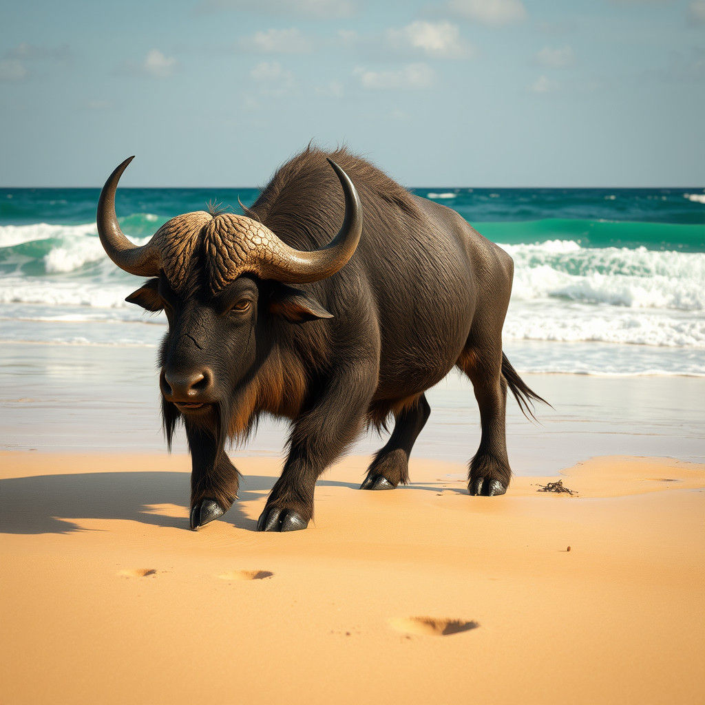 Alien Buffalo Walks on a Sun-Kissed Beach
