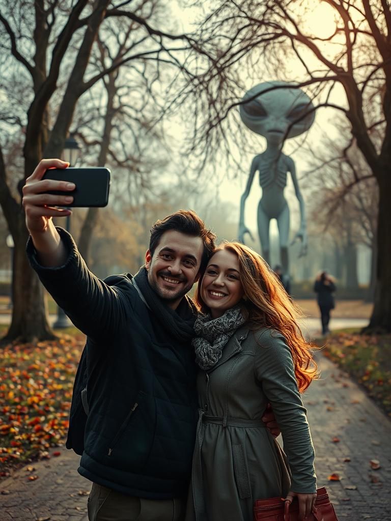Couple's Selfie Interrupted by Dancing Alien, Arthur Rackham...