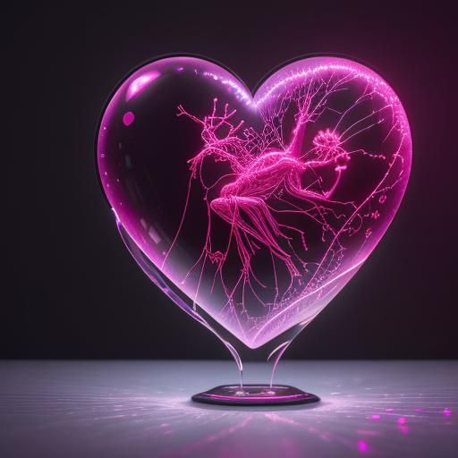 Fragile Red Glass Heart in Neon Cityscape