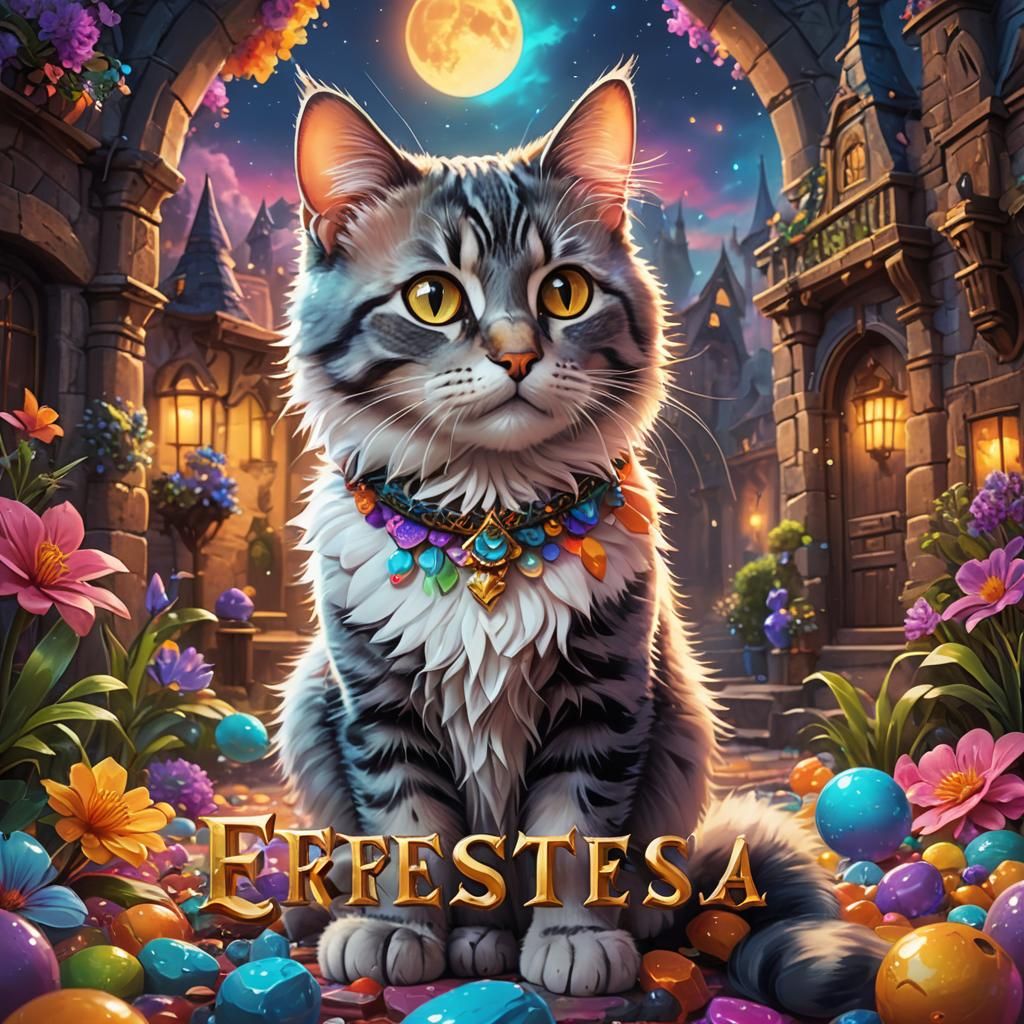 Cartoon Cat in Magical Setting, Vibrant Digital Art