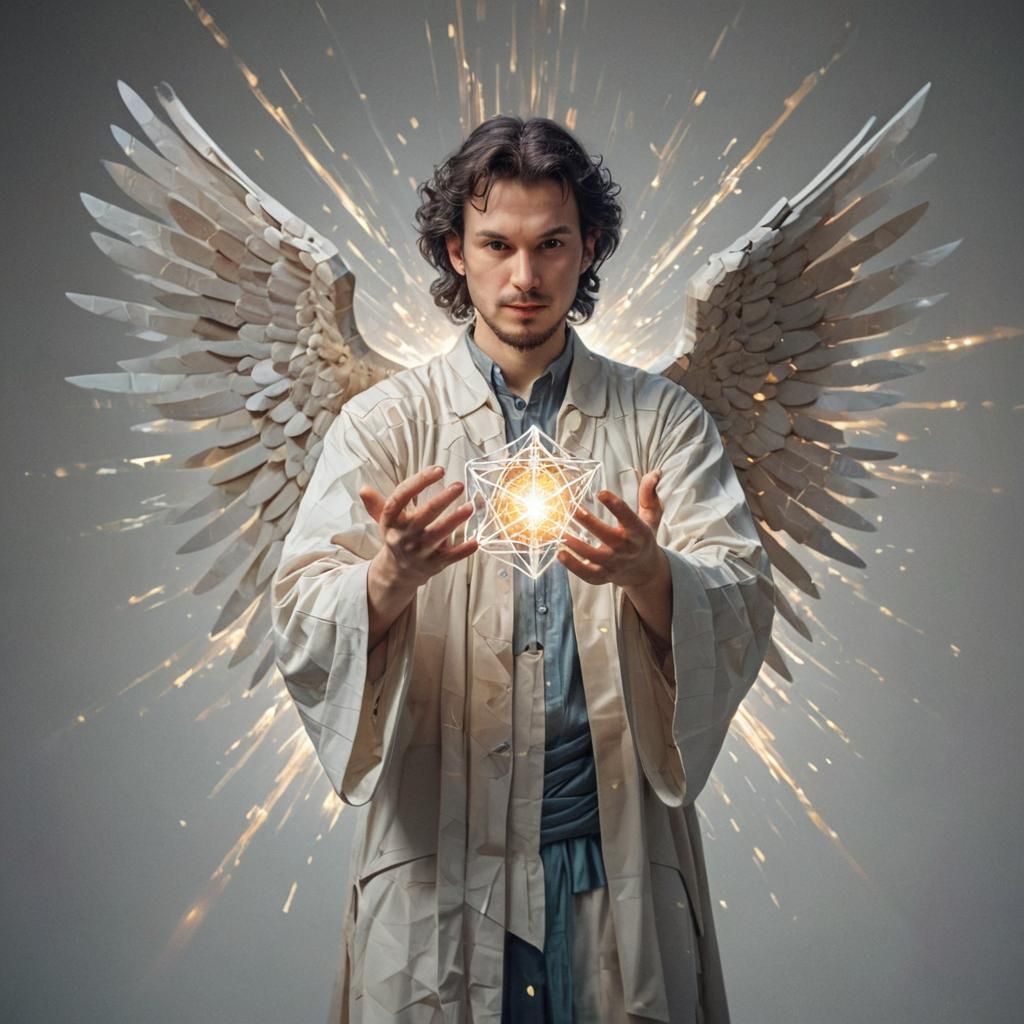 Angel Metatron with Glowing Cube: Cubism Pixel Art