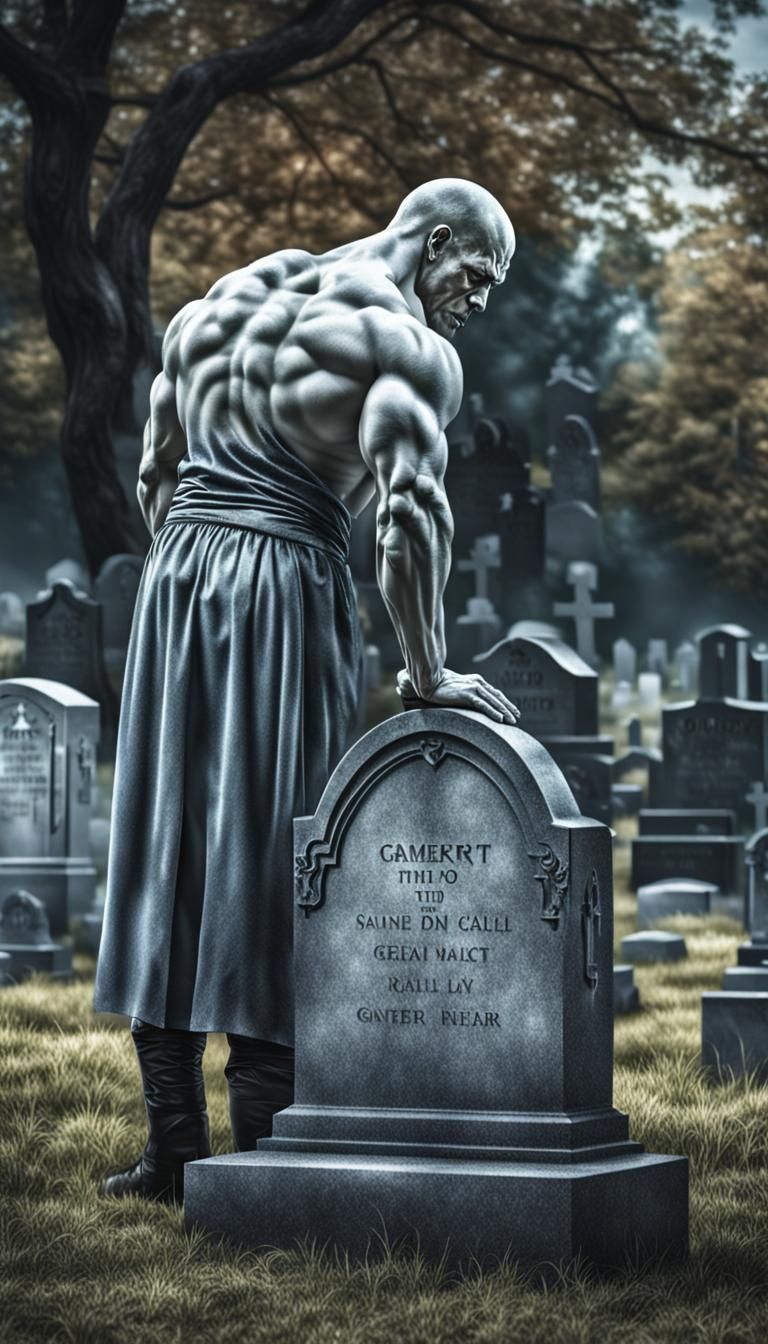 Muscular Ghost Contemplates Gravestone in Cemetery