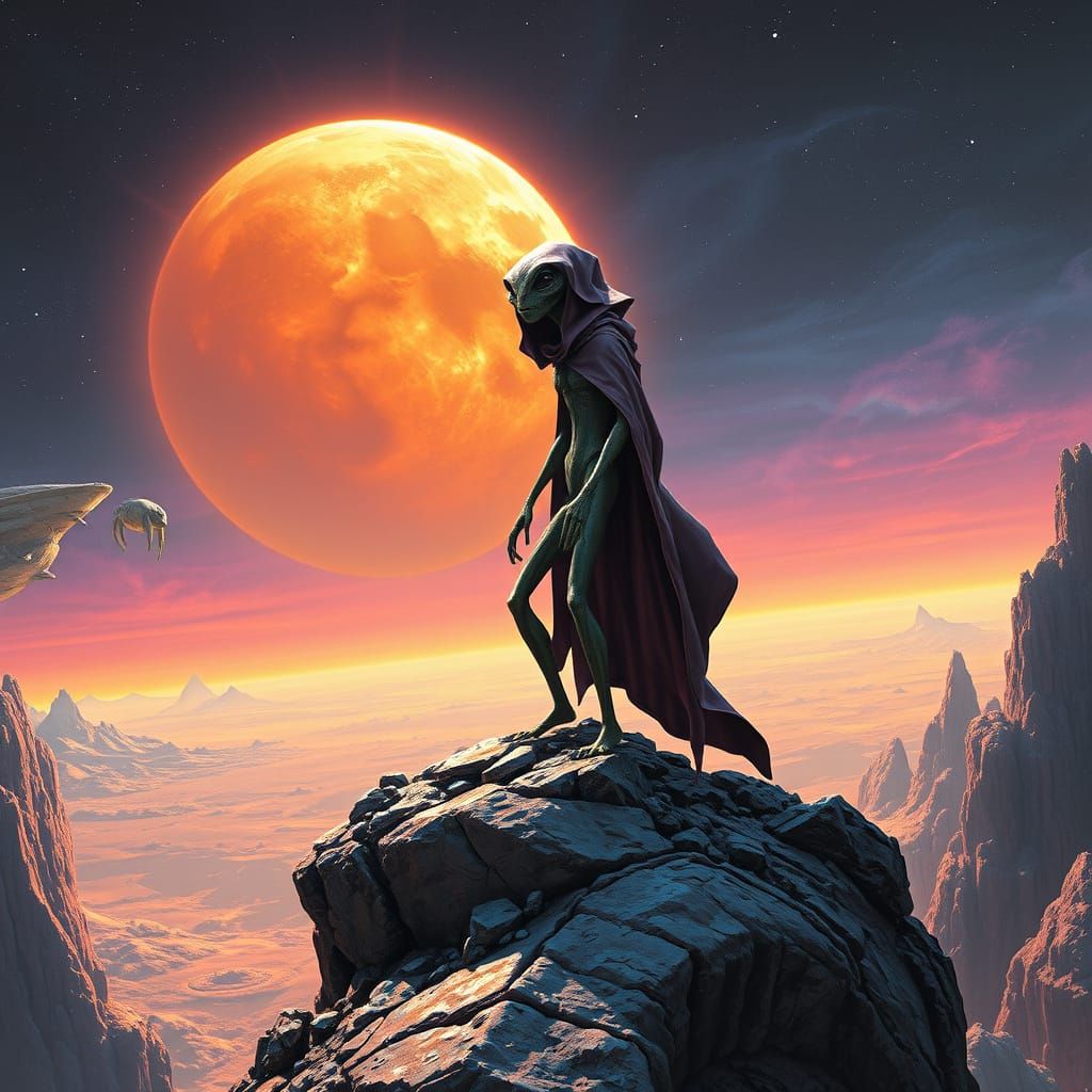 Cosmic Alien in Iridescent Rock Formation